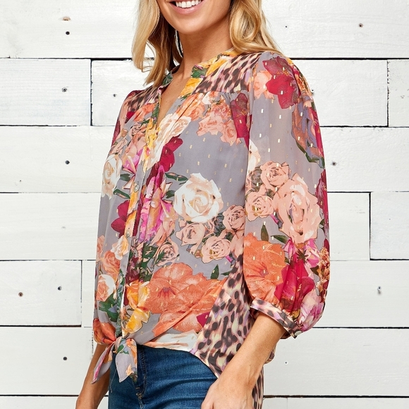 Fig & Flower Womens Blouse 3/4 Sleeve Sheer S/M Mixed Print Leopard Spring - Picture 1 of 12